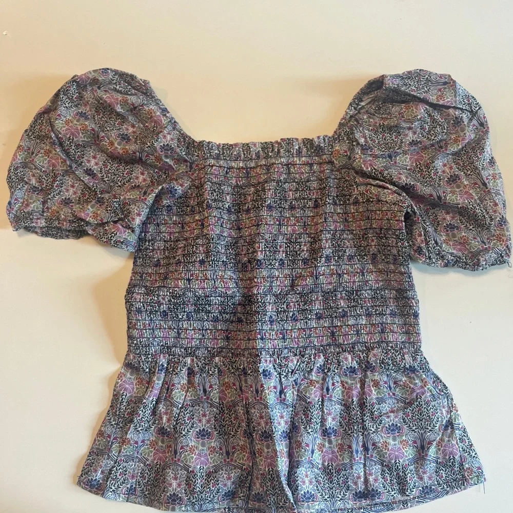 J. Crew Purple Floral Smocked Puff Sleeve Top